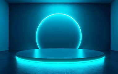 A futuristic, illuminated space featuring a glowing blue circle and reflective surface, suitable for presentations or performances.