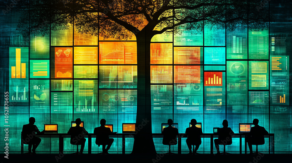 Poster data tree: silhouettes of individuals working diligently in front of a vibrant data visualization on