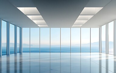 Fototapeta premium A modern, minimalist room with large glass windows offering a stunning view of the sea and mountains, emphasizing natural light and spaciousness.