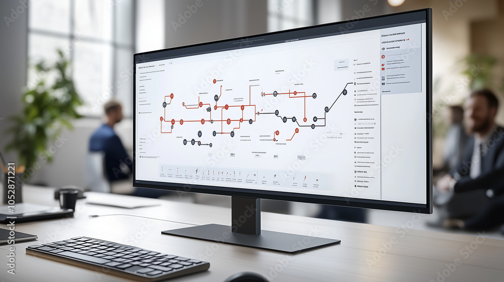 Poster data visualization: business professionals analyze complex workflow on large monitor in modern offic