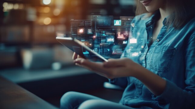 Cross-platform marketing strategist planning campaigns on different devices, focus on multi-channel marketing, detailed charts visible, professional stock image,