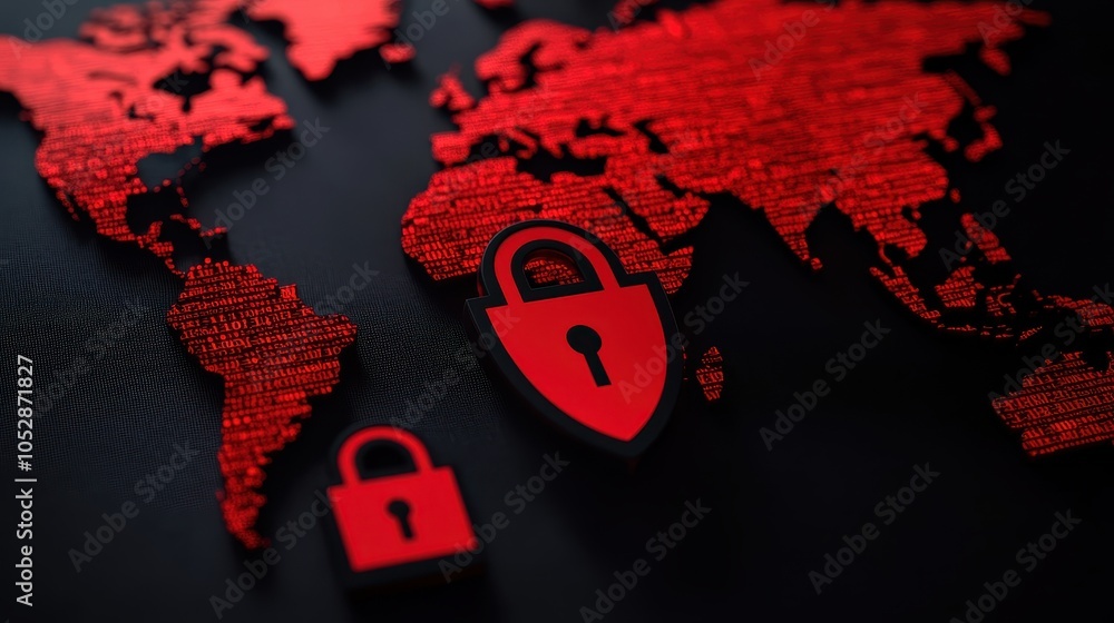 Poster a vibrant red world map against a dark background, overlaid with binary code and two red lock icons,