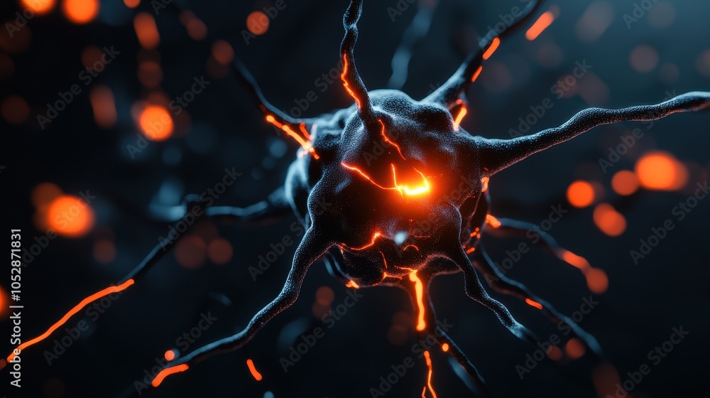 Poster a vivid close-up of an abstract neuron in a dark setting, showcasing a glowing orange node and intri
