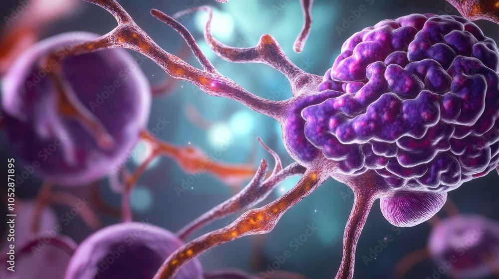 Poster a vivid 3d visualization of cellular structures highlights cancer cells with irregular shapes in ric