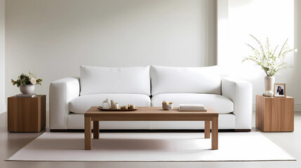 Minimalist Living Room with White Sofa and Wooden Coffee Table
