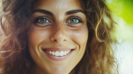 Fototapeta premium A vibrant portrait of a young woman with curly hair and striking green eyes, radiating joy with a warm smile. soft greenery background enhances the fresh, positive vibe, perfect for wellness themes.
