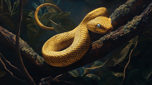Golden Lancehead Viper Coiled on a Tree Branch, Ready to Strike, Against the Backdrop of Thick Foliage