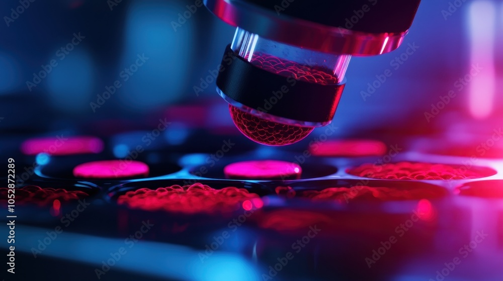 Poster microscopic look at stem cells differentiating into various cell types in a tissue culture with copy