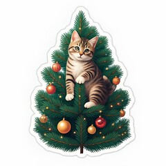 Christmas tree sticker funny cute cat climbing up it ornaments white background graphic resource