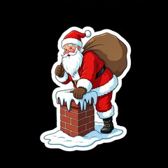 santa claus with bag of gifts climbing in the chimney Christmas graphic resource sticker black background
