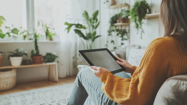 E-book reader on a tablet, person reading in a modern minimalist living room, focus on digital reading habits, professional and clear stock image,