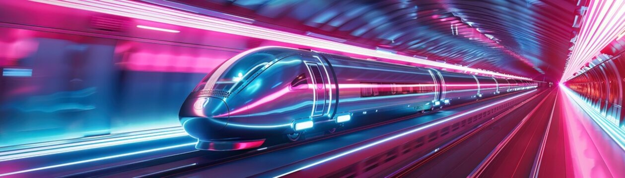 Retrofuturistic train traveling through a neonlit tunnel, blending 1950s design with hyperloop technology
