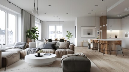 Modern living room with large windows, comfy sofa, and wooden accents.