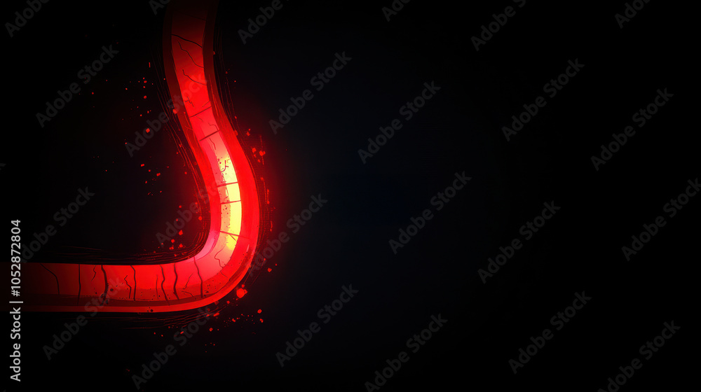 Poster abstract glowing red curved line resembling the shape of an intestine on a dark background, with a d