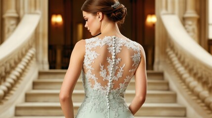 Fototapeta premium A breathtaking bridal portrait of a woman in an elegant mint-green gown, featuring lace detailing and a delicate sheer back.