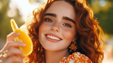 Naklejka premium A cheerful young woman with long, curly red hair smiles brightly in a sunlit outdoor setting. She holds a lemon slice and wears a vibrant floral dress, embodying joy and nature's delight.