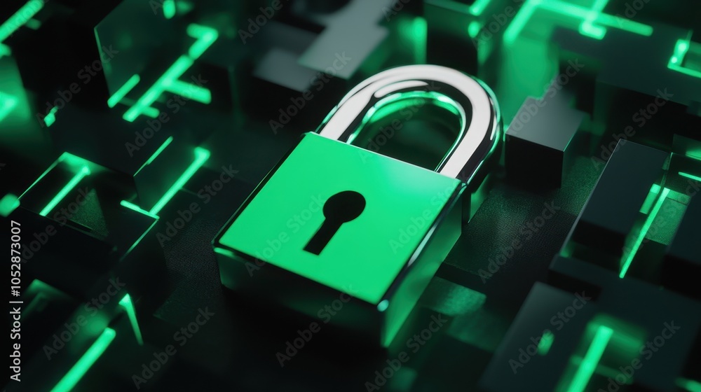 Aufkleber a close-up of a glossy green padlock against a high-tech background of glowing digital patterns symb