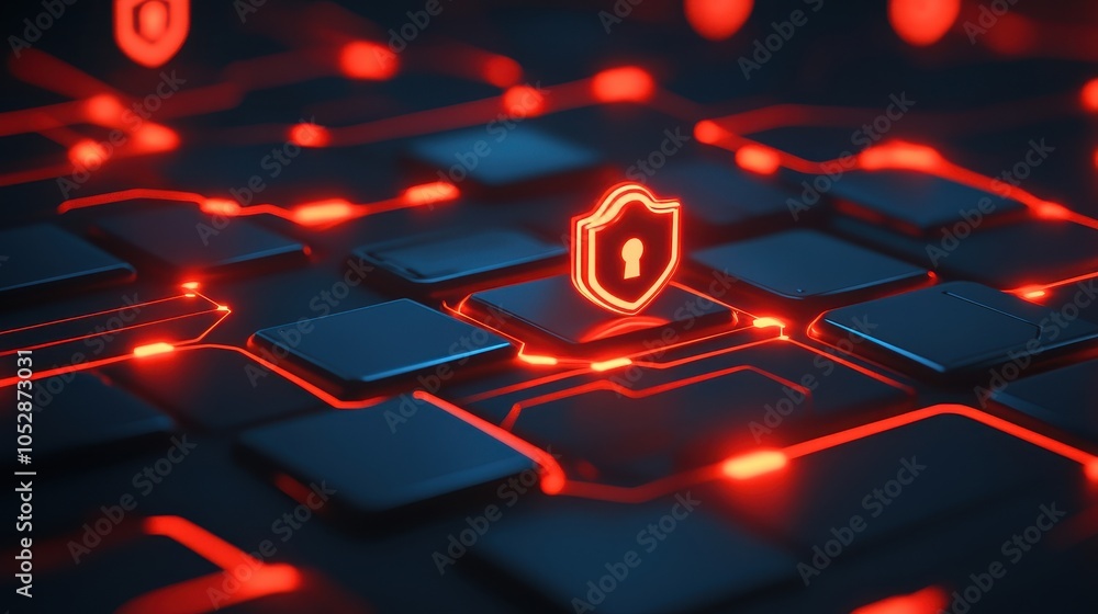 Poster a close-up of a glowing red keyboard highlights a security shield icon among typical keys. design sy