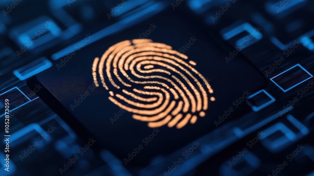 Poster a close-up of a golden fingerprint against a dark, tech-inspired background, showcasing unique patte