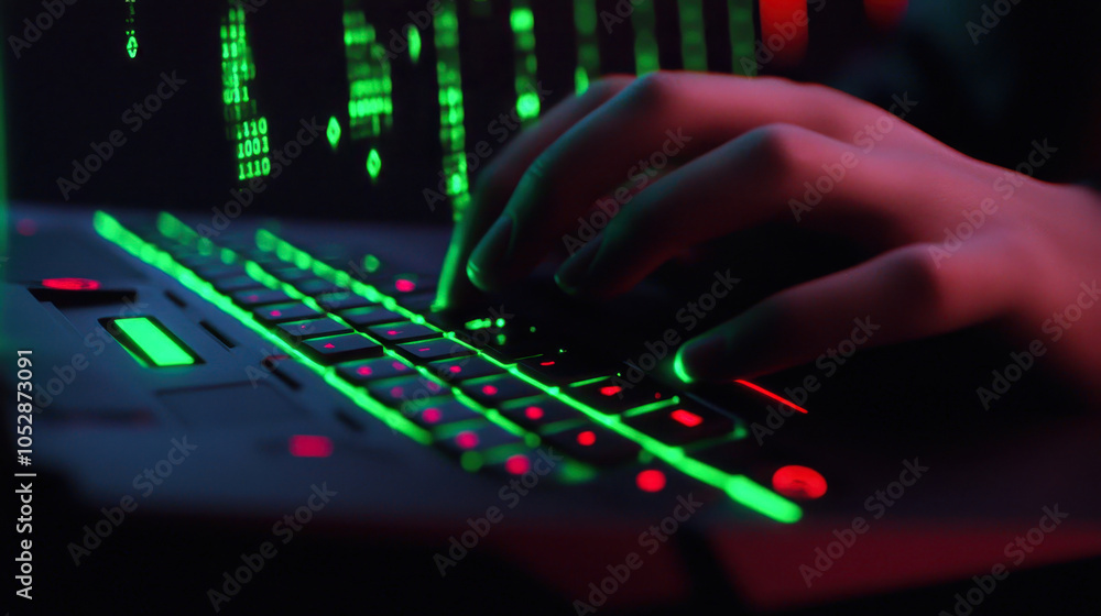 Poster a close-up of a hand typing on a high-tech gaming laptop with vibrant green and red backlighting, sh