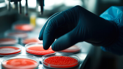 A close-up of a scientist's gloved hand manipulating a pipette over petri dishes filled with vibrant red agar, set against soft-focus lab equipment. Ideal for microbiology and biotech topics.