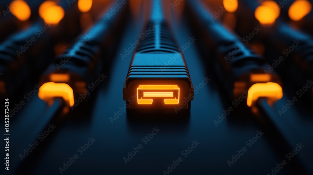 Aufkleber a close-up of network cables highlights one illuminated connector against a dark background. strikin