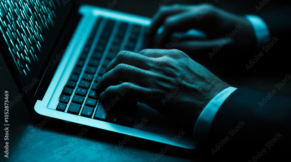 Aufkleber a close-up of hands typing on a glowing laptop keyboard in dim light, with code on the screen. focus