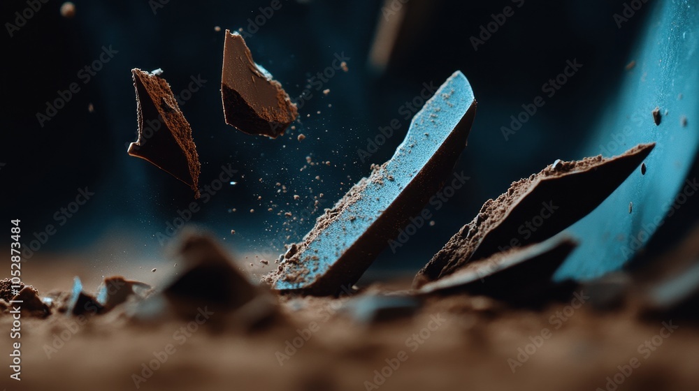 Poster a close-up shot captures ceramic shards exploding in a dramatic display, illuminated by a subtle blu