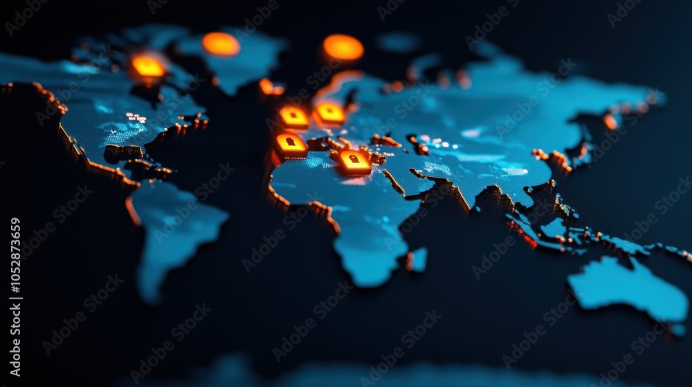 Poster a digital world map in blue, highlighting global cybersecurity. bright orange lock icons symbolize d