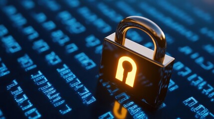 A digital image showcasing a golden padlock with a glowing keyhole against a blue binary code backdrop. It symbolizes data protection and emphasizes cybersecurity and digital privacy.