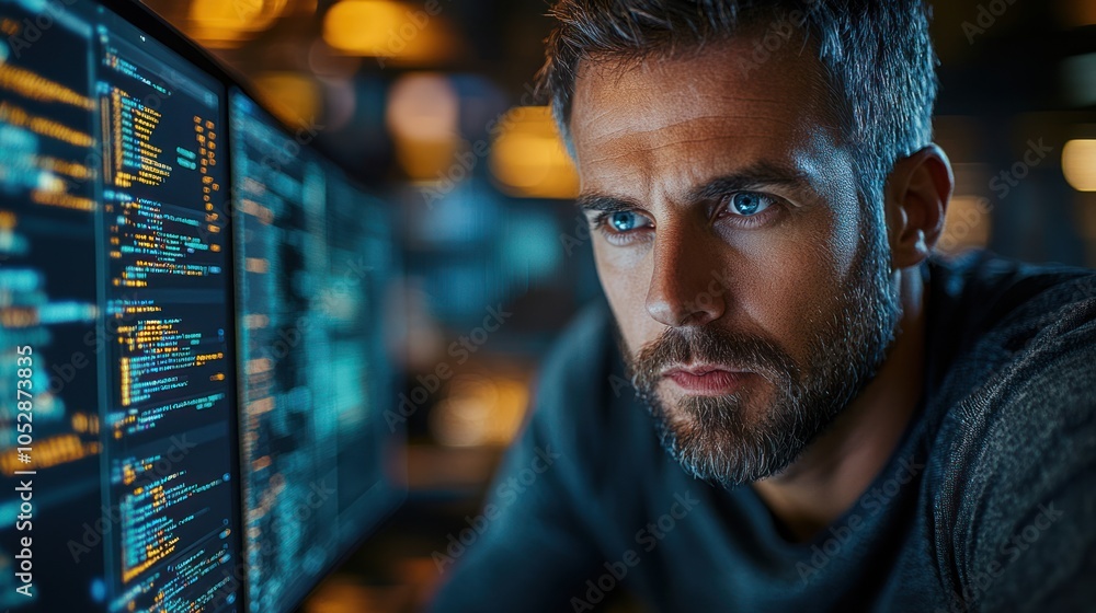 Poster close-up of a man's face looking at a computer screen with code displayed