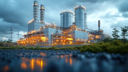 Obraz premium Industrial facility with smokestacks and illuminated structures.