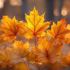 Obraz premium A close-up of five vibrant maple leaves glowing in shades of orange and gold, capturing the essence of autumn with a warm, soft bokeh background.