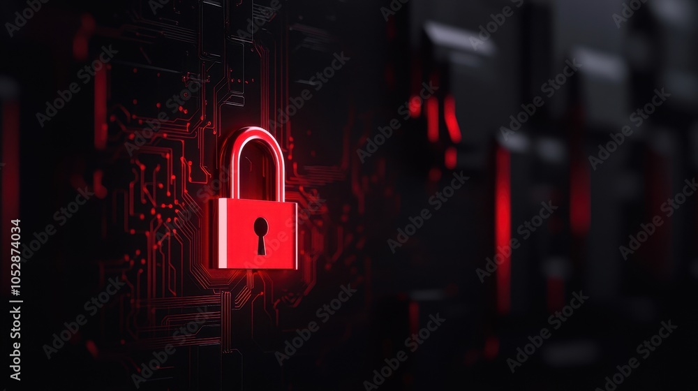 Aufkleber a modern padlock symbol glowing in bright red surrounded by a dark cyber background with tech elemen