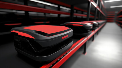 A modern warehouse interior displays stacked containers with a striking black and red design. Bright lighting enhances the organized space, ideal for logistics and storage solutions.