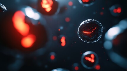 A mesmerizing close-up of abstract cells in a dark environment features intricate spherical structures with metallic textures and glowing red accents.