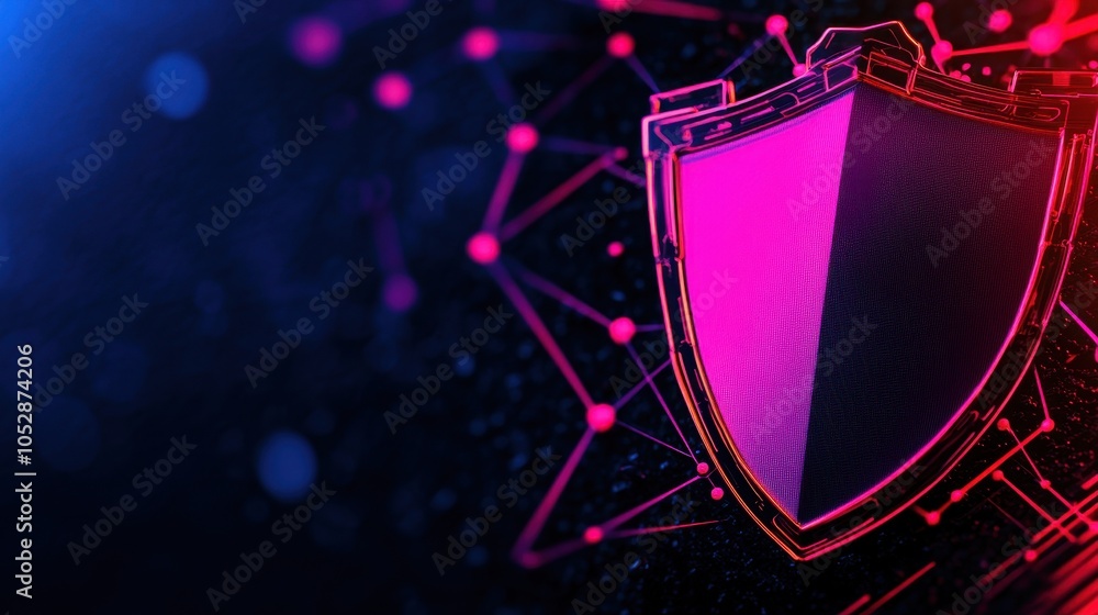 Poster a striking digital shield icon symbolizes protection and security, set against a vibrant network of 