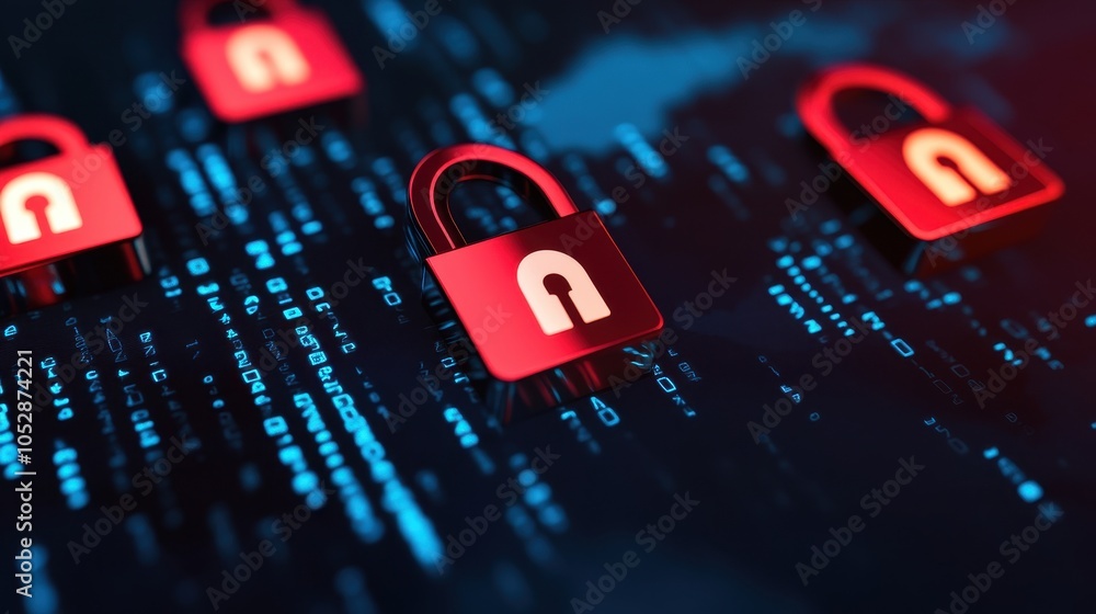 Aufkleber a striking visual of cybersecurity with glowing red padlocks against a dark, binary-coded background