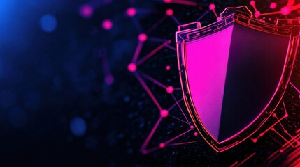 Fototapeta premium A striking digital shield icon symbolizes protection and security, set against a vibrant network of geometric nodes. Ideal for themes of cybersecurity and technology.