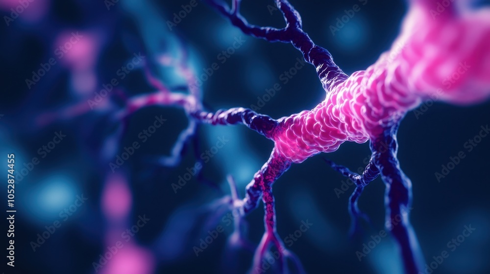 Poster a vibrant abstract visualization of a neural network, featuring interconnected neurons in deep blues