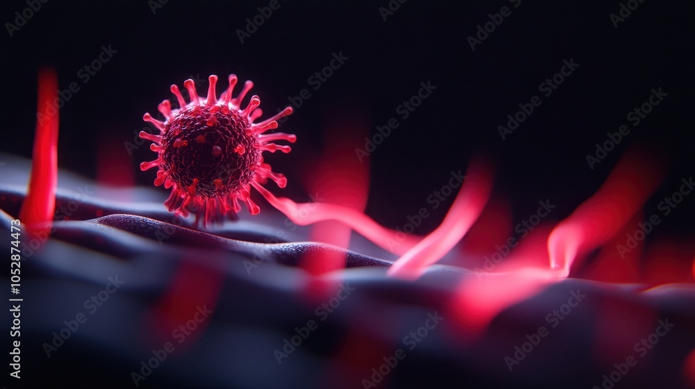 Poster a vibrant 3d rendering of a virus in red and pink hues stands out against a dark gradient background