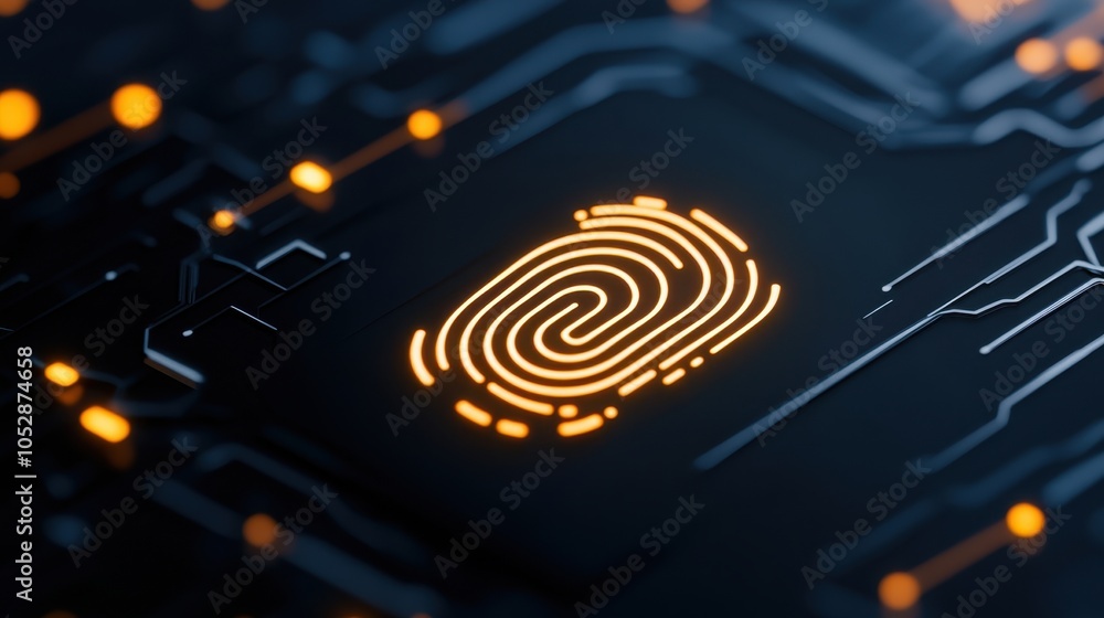Poster a vibrant orange digital fingerprint icon shines against a dark circuit board backdrop, symbolizing 
