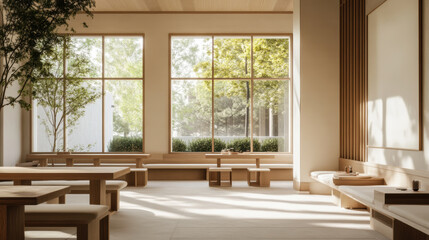 Serene minimalist coffee shop with large windows and natural light