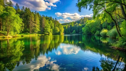 Obraz premium Serene lake nestled in the heart of a lush forest, tranquil, serene, nature, wilderness, landscape, scenery, trees, reflection