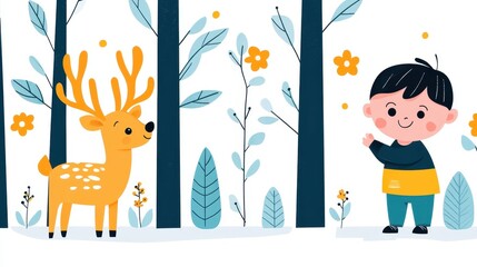 Naklejka premium A vibrant illustration showcases a playful scene in a whimsical forest. A cheerful boy in blue and green invites interaction alongside a friendly, orange-furred deer amidst lush trees and flowers.