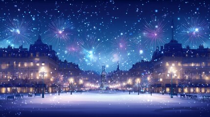 Festive Fireworks Light Up City Square at Midnight