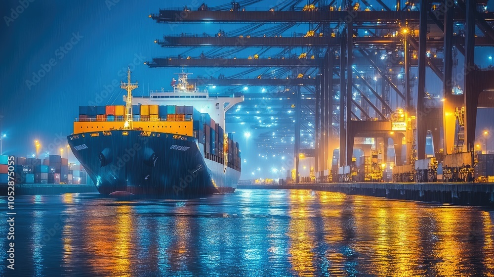 Poster a large container ship is docked at a busy port at night. the ship is illuminated by the lights of t