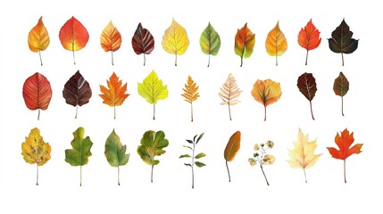 Obraz premium Diverse Collection of Autumn Leaves, Featuring a Variety of Shapes and Colors in Vector Illustration, Perfect for Seasonal Designs and Natural Themes on a Clean White Background