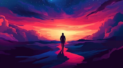 Obraz premium Solitary Figure Walking Towards the Horizon