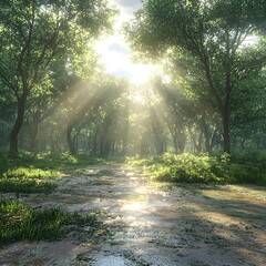 Obraz premium A serene forest scene featuring lush green trees illuminated by soft sunlight filtering through the foliage, creating a magical atmosphere over a tranquil pathway.